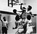 06 Roger Tickner (55) and Norm Hicks (33), seen here in earlier action, were keys to Sheridan’s 76-68 victory over Niagara on Monday. the Bruins stressed defense most of the way. by Ted Shaw